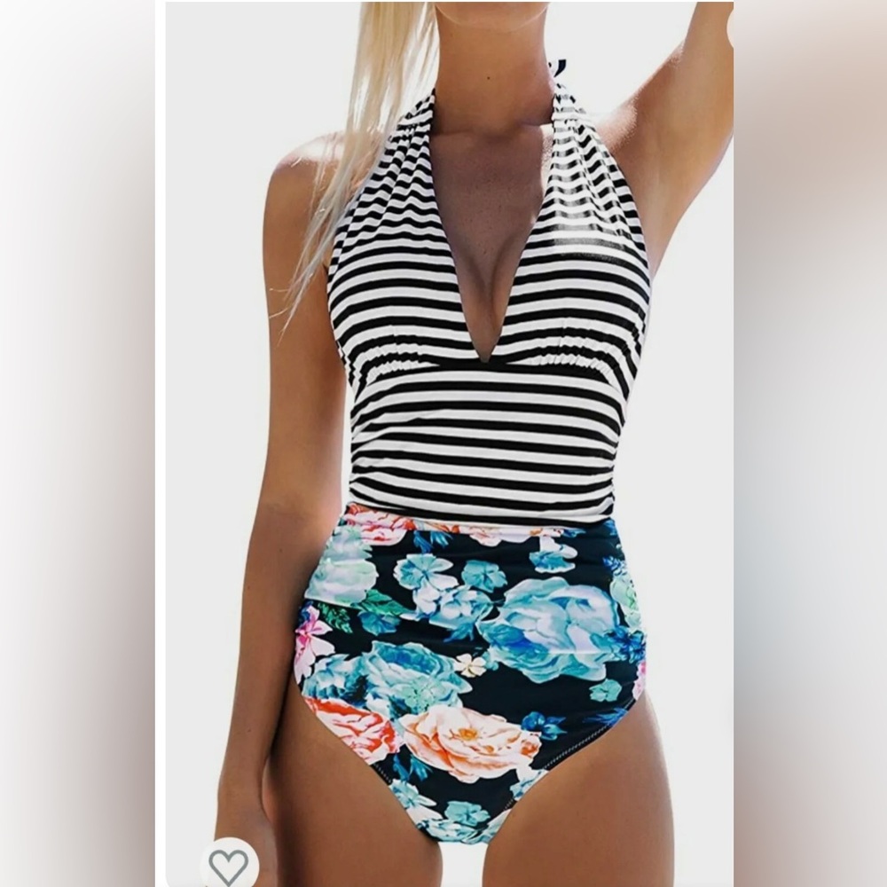 Cupshe floral with strips halter one piece bathing suit Medium